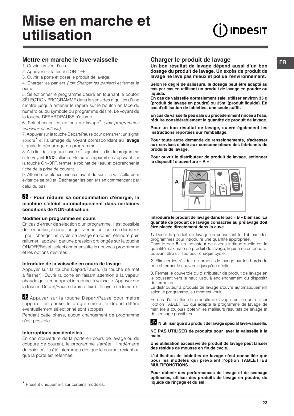 Mise en marche et utilisation, Charger le produit de lavage, Mettre en marche le lave-vaisselle | Indesit DPG-16B1-CA-NX-EU User Manual | Page 23 / 56