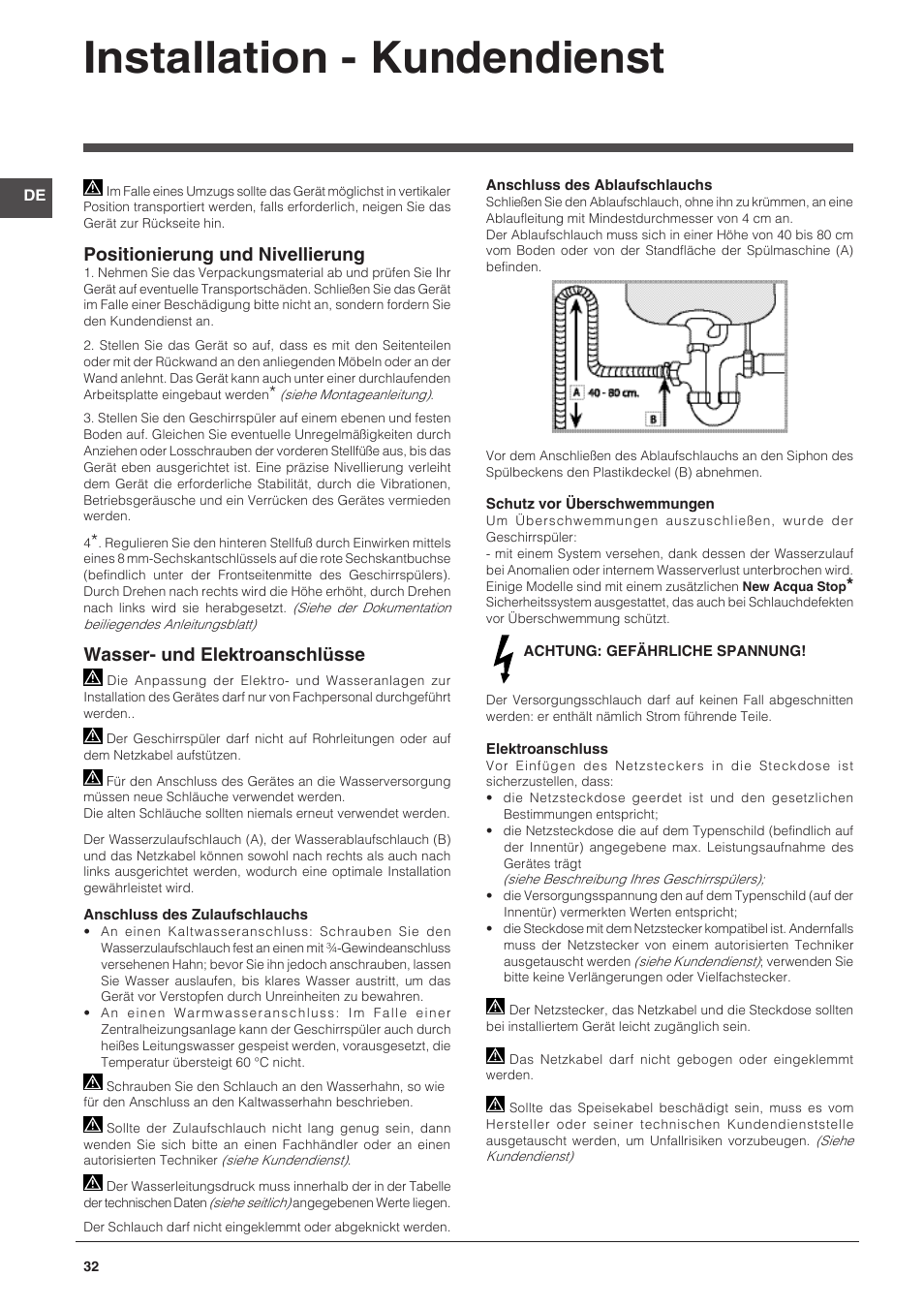 Installation - kundendienst, Positionierung und nivellierung, Wasser- und elektroanschlüsse | Indesit DPG-16B1-CA-NX-EU User Manual | Page 32 / 56