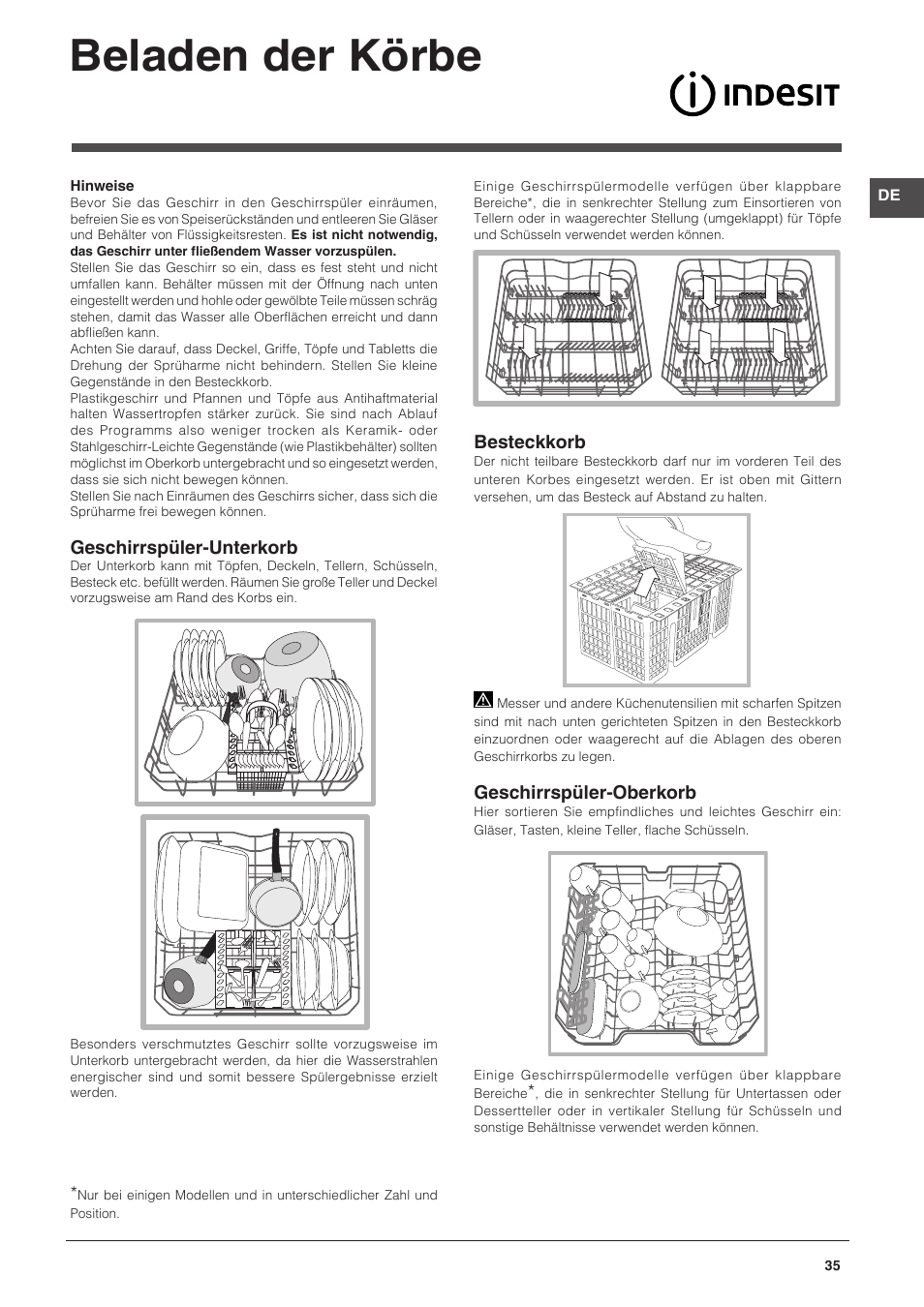 Beladen der körbe | Indesit DPG-16B1-CA-NX-EU User Manual | Page 35 / 56