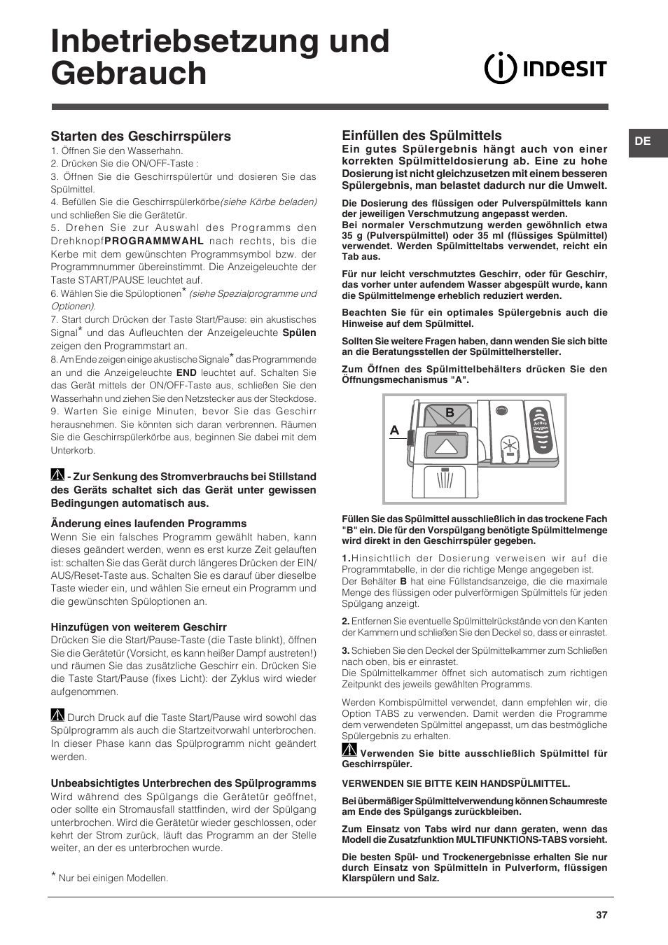 Inbetriebsetzung und gebrauch, Einfüllen des spülmittels, Starten des geschirrspülers | Indesit DPG-16B1-CA-NX-EU User Manual | Page 37 / 56