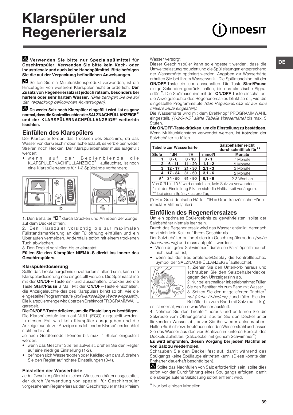 Klarspüler und regeneriersalz, Einfüllen des klarspülers, Einfüllen des regeneriersalzes | Indesit DPG-16B1-CA-NX-EU User Manual | Page 39 / 56