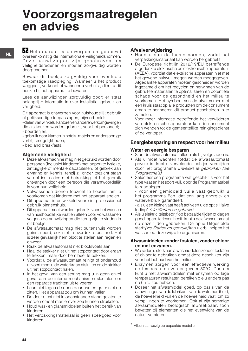 Voorzorgsmaatregelen en advies | Indesit DPG-16B1-CA-NX-EU User Manual | Page 44 / 56