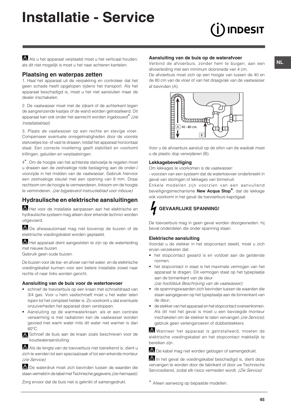 Installatie - service, Plaatsing en waterpas zetten, Hydraulische en elektrische aansluitingen | Indesit DPG-16B1-CA-NX-EU User Manual | Page 45 / 56
