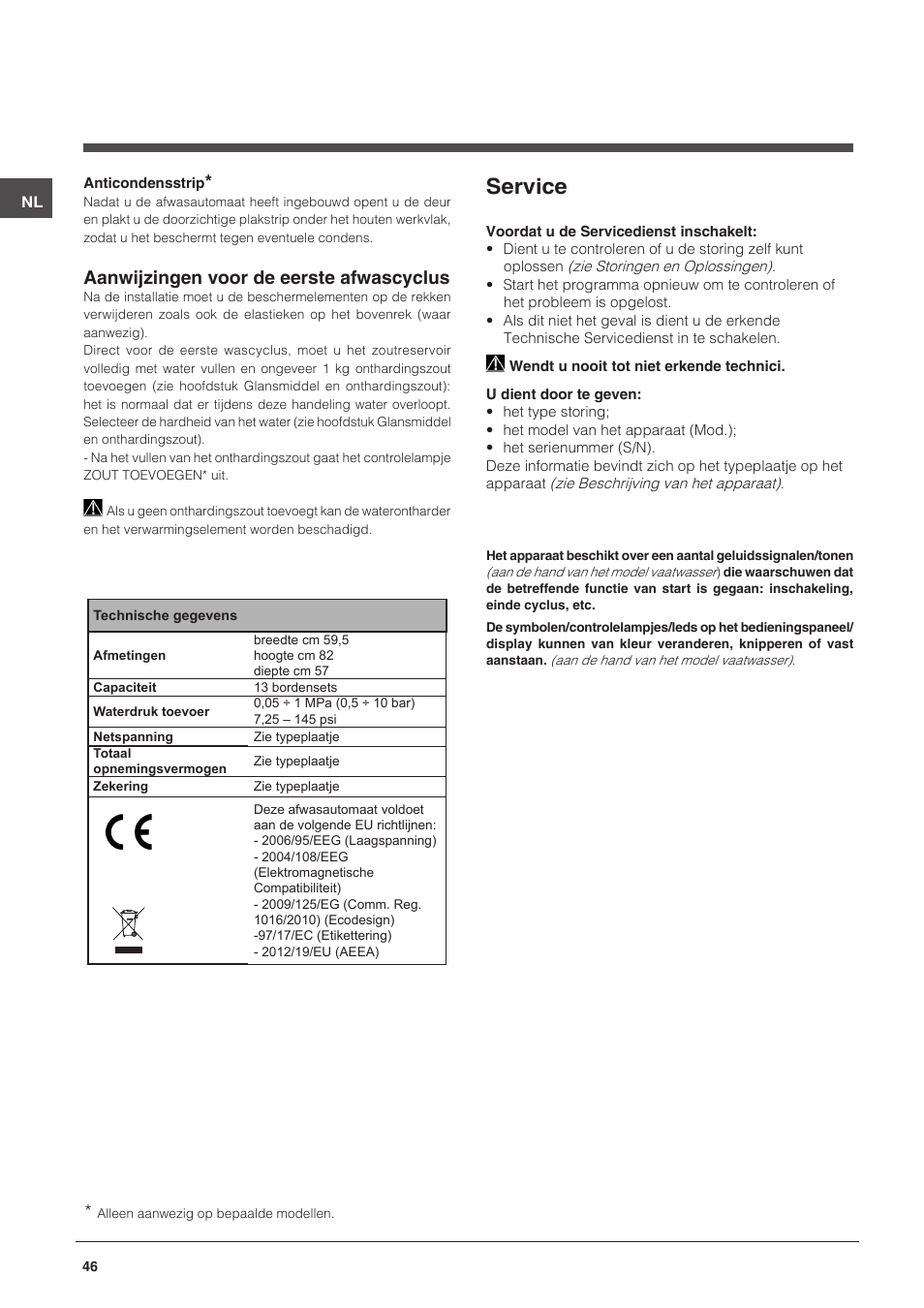 Service, Aanwijzingen voor de eerste afwascyclus | Indesit DPG-16B1-CA-NX-EU User Manual | Page 46 / 56