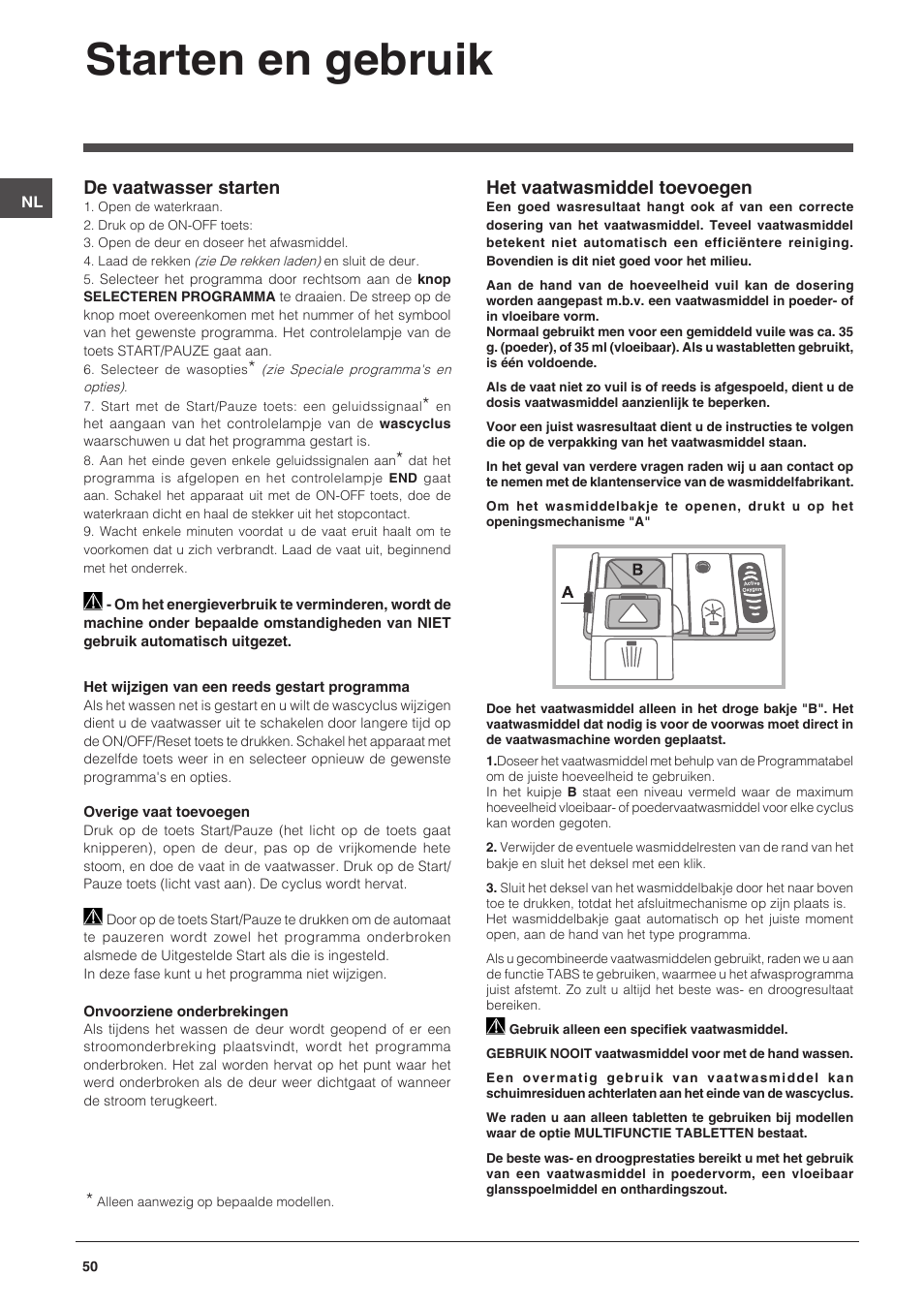 Starten en gebruik, Het vaatwasmiddel toevoegen, De vaatwasser starten | Indesit DPG-16B1-CA-NX-EU User Manual | Page 50 / 56