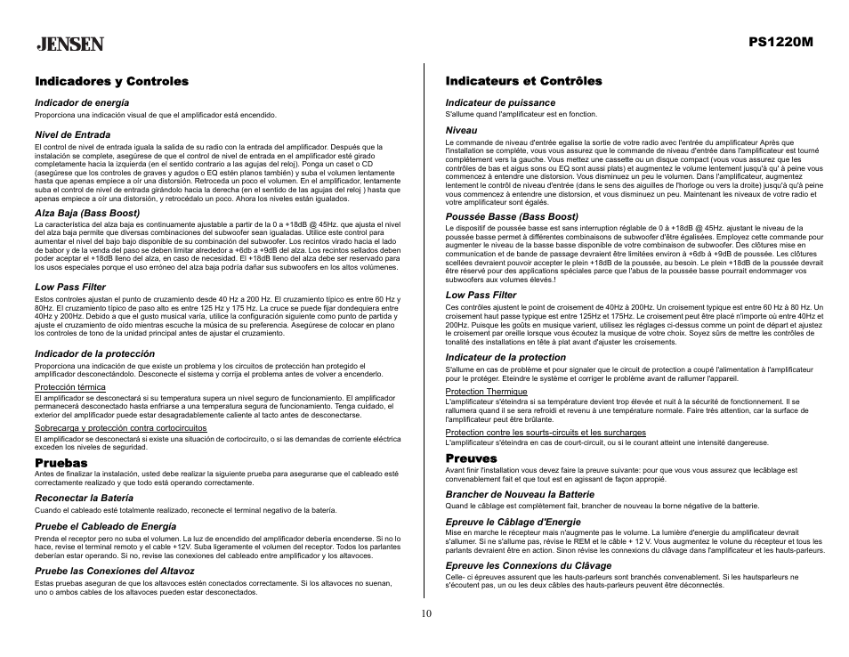 Indicadores y controles, Indicador de energía, Nivel de entrada | Alza baja (bass boost), Low pass filter, Indicador de la protección, Pruebas, Reconectar la batería, Pruebe el cableado de energía, Pruebe las conexiones del altavoz | Audiovox Jensen PS1220M User Manual | Page 10 / 14