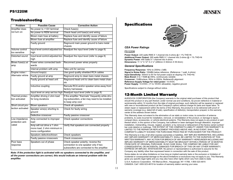 Specifications, Cea power ratings, General specifications | Month limited warranty, Troubleshooting, Ps1220m | Audiovox Jensen PS1220M User Manual | Page 11 / 14