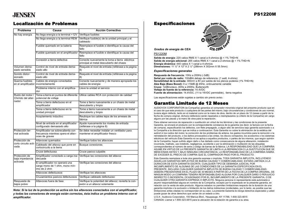 Especificaciones, Grados de energía de cea, Especificaciones generales | Garantia limitade de 12 meses, Localización de problemas, Ps1220m | Audiovox Jensen PS1220M User Manual | Page 12 / 14