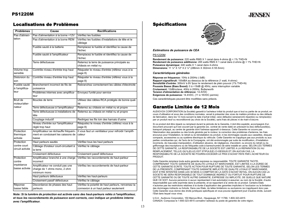 Spécifications, Estimations de puissance de cea, Caractéristiques générales | Garantie limitée de 12 mois, Localisations de problèmes, Ps1220m | Audiovox Jensen PS1220M User Manual | Page 13 / 14
