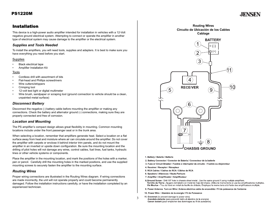 Installation, Supplies and tools needed, Disconnect battery | Location and mounting, Routing wires, Ps1220m | Audiovox Jensen PS1220M User Manual | Page 3 / 14