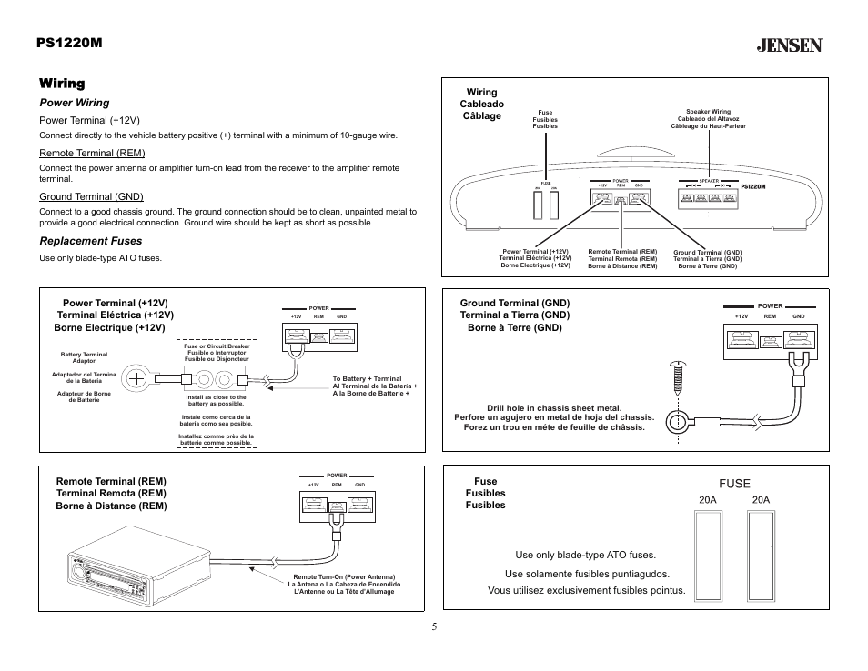 Wiring, Power wiring, Replacement fuses | Ps1220m | Audiovox Jensen PS1220M User Manual | Page 5 / 14