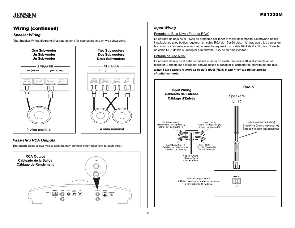 Pass-thru rca outputs, Wiring (continued), Speaker wiring | Input wiring, Ps1220m | Audiovox Jensen PS1220M User Manual | Page 6 / 14