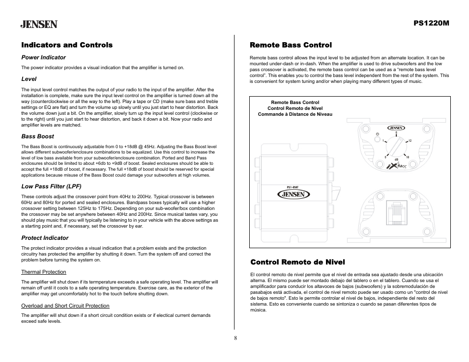 Indicators and controls, Power indicator, Level | Bass boost, Low pass filter (lpf), Protect indicator, Control remoto de nivel, Remote bass control, Ps1220m | Audiovox Jensen PS1220M User Manual | Page 8 / 14