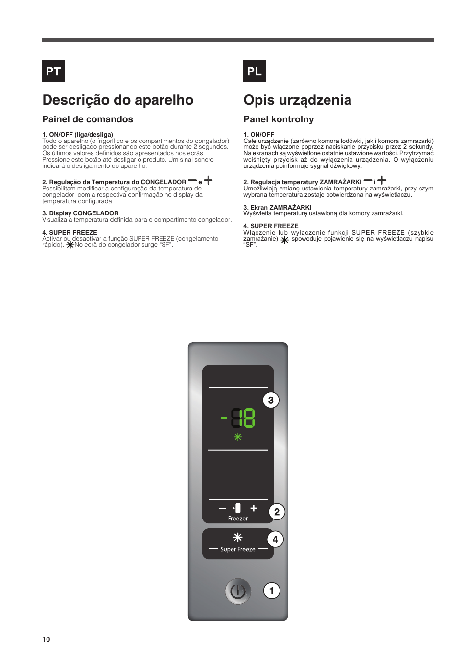 Descrição do aparelho, Opis urządzenia, Painel de comandos | Panel kontrolny | Indesit UIAA-22-Y User Manual | Page 10 / 52