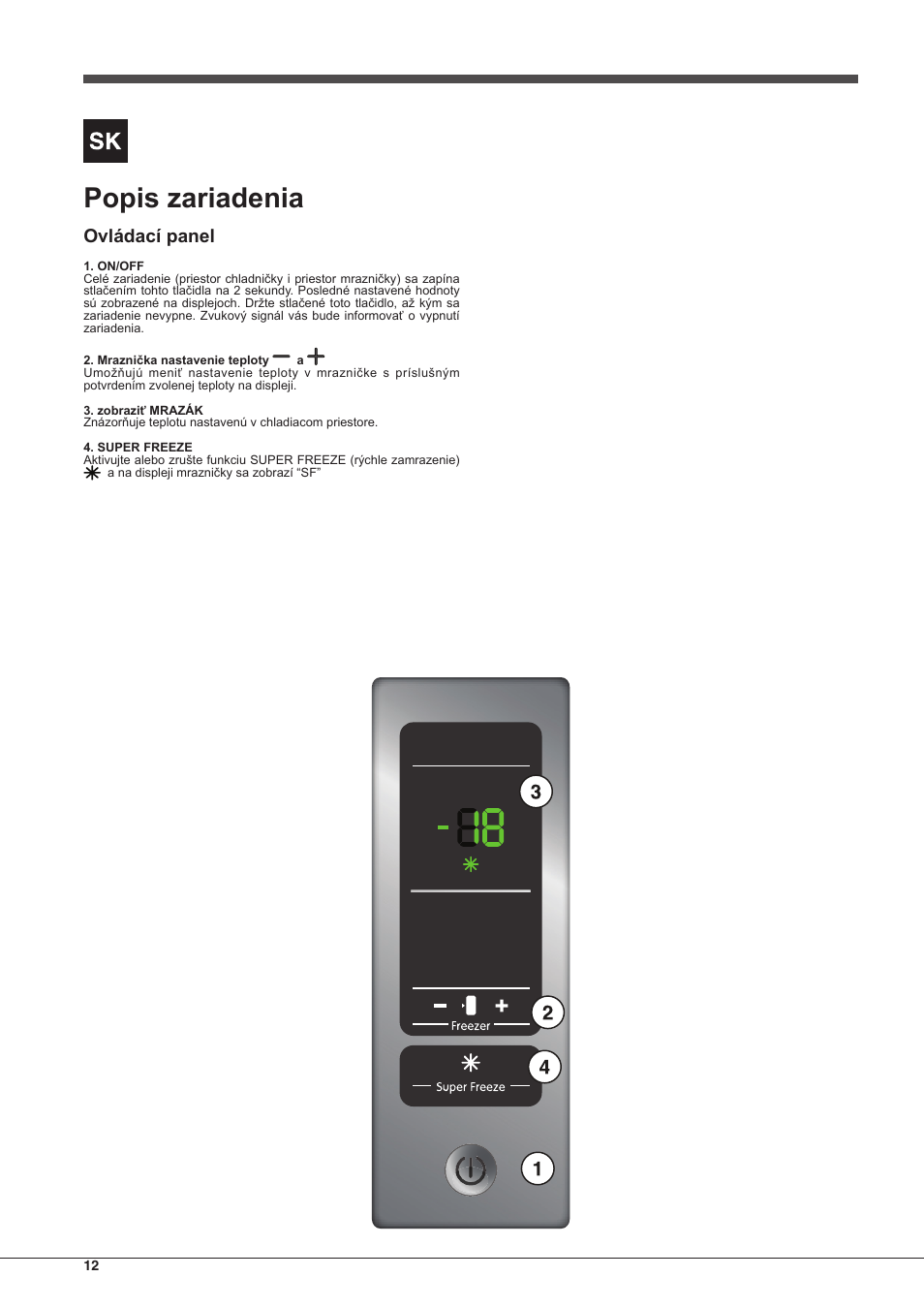 Popis zariadenia, Ovládací panel | Indesit UIAA-22-Y User Manual | Page 12 / 52