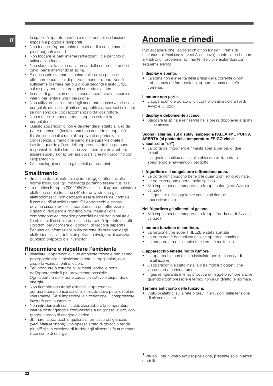 Anomalie e rimedi, Smaltimento, Risparmiare e rispettare l’ambiente | Indesit UIAA-22-Y User Manual | Page 22 / 52