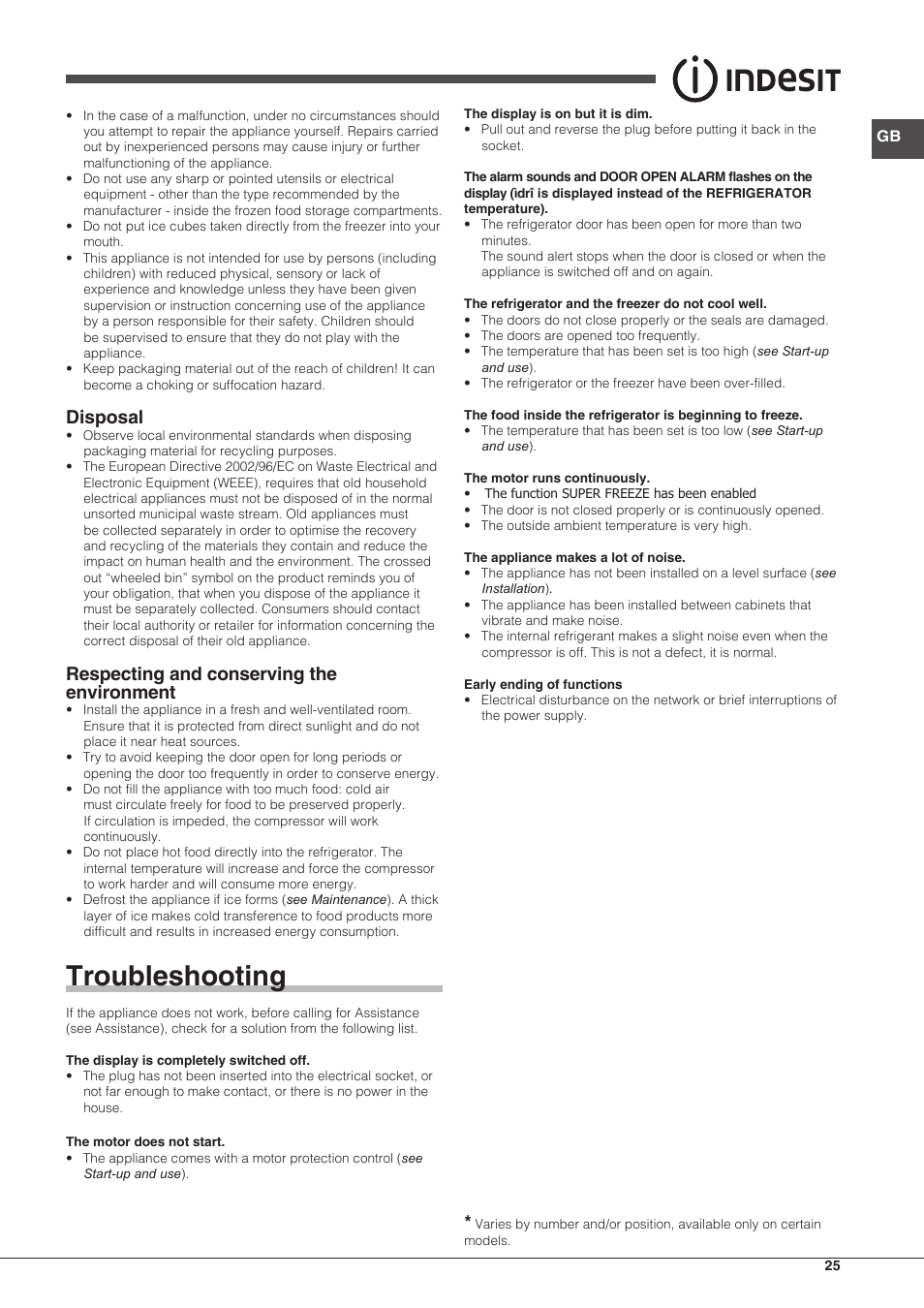 Troubleshooting, Disposal, Respecting and conserving the environment | Indesit UIAA-22-Y User Manual | Page 25 / 52