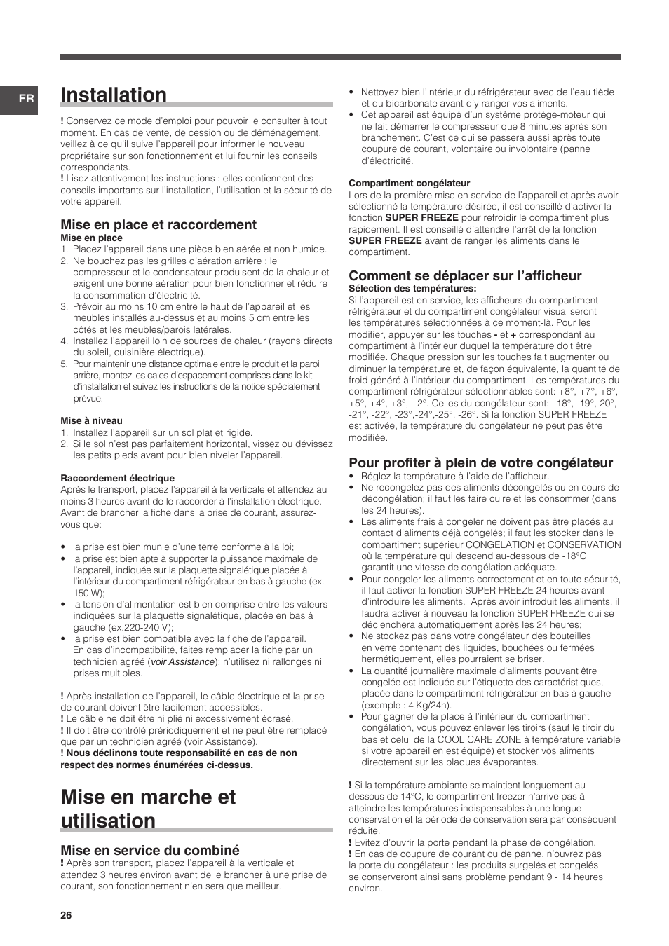 Installation, Mise en marche et utilisation, Mise en place et raccordement | Mise en service du combiné, Comment se déplacer sur l’afficheur, Pour profiter à plein de votre congélateur | Indesit UIAA-22-Y User Manual | Page 26 / 52