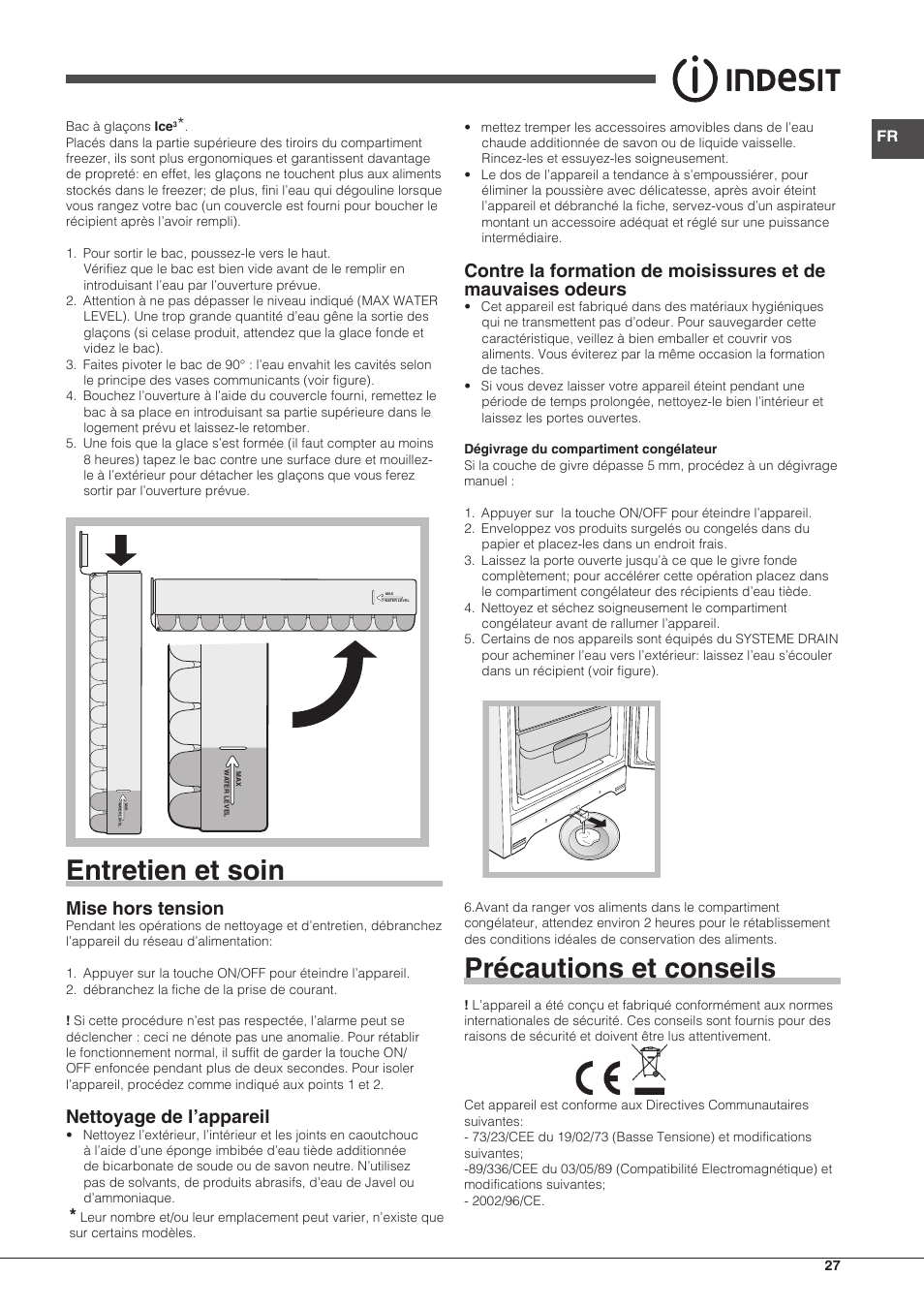 Entretien et soin, Précautions et conseils, Mise hors tension | Nettoyage de l’appareil | Indesit UIAA-22-Y User Manual | Page 27 / 52