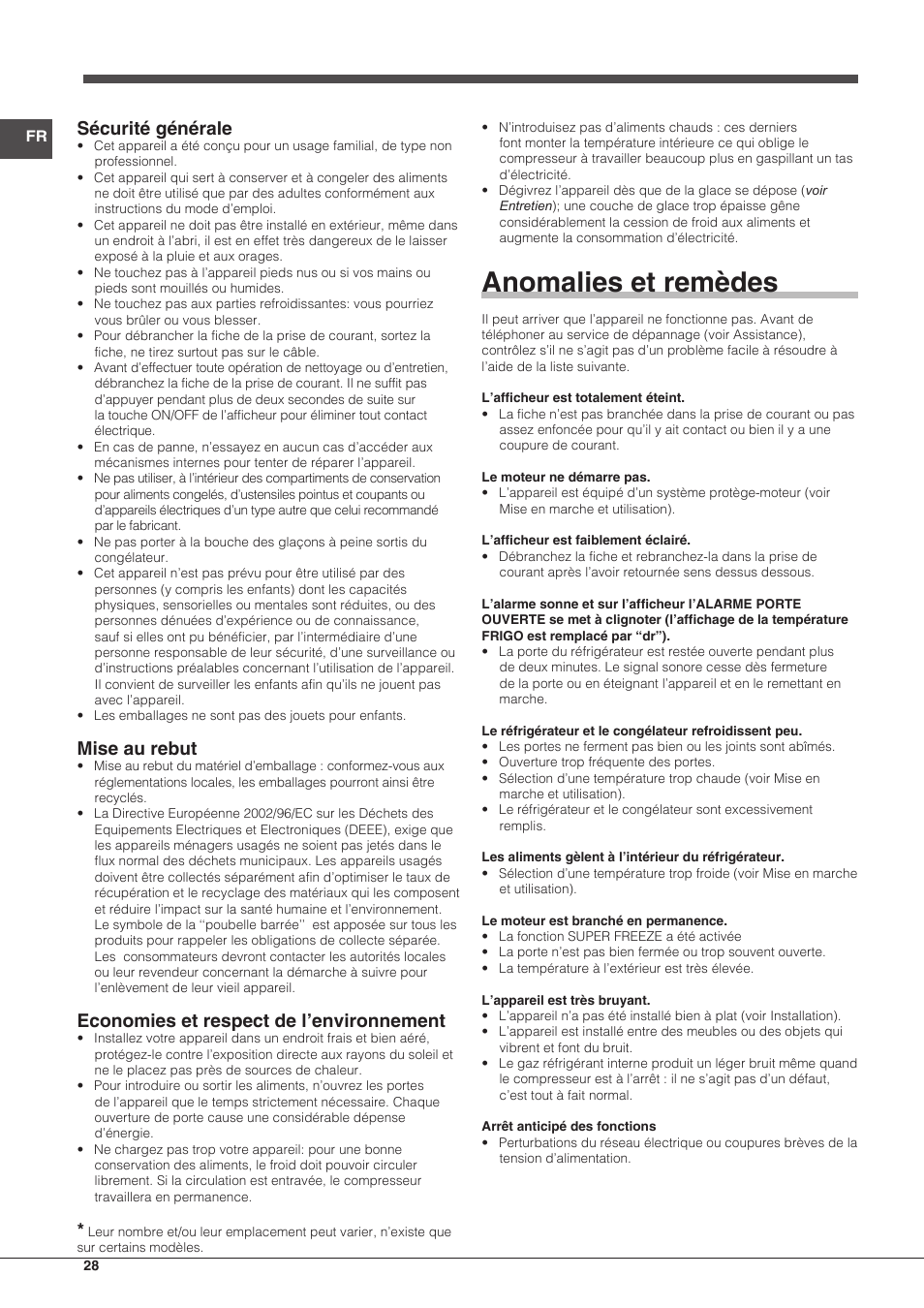 Anomalies et remèdes, Sécurité générale, Mise au rebut | Economies et respect de l’environnement | Indesit UIAA-22-Y User Manual | Page 28 / 52