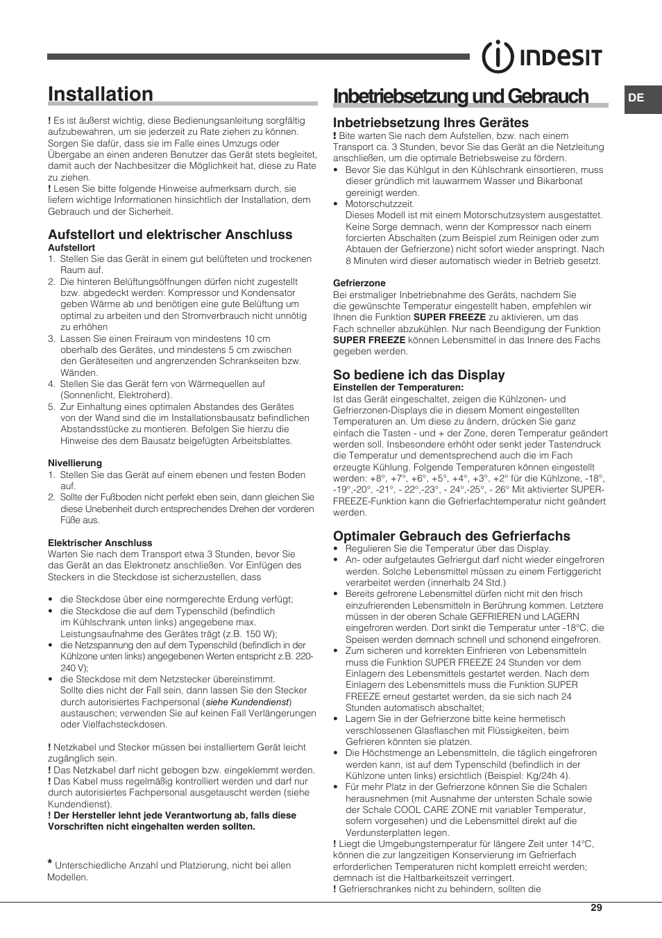 Installation, Inbetriebsetzung und gebrauch, Aufstellort und elektrischer anschluss | Inbetriebsetzung ihres gerätes, So bediene ich das display, Optimaler gebrauch des gefrierfachs | Indesit UIAA-22-Y User Manual | Page 29 / 52