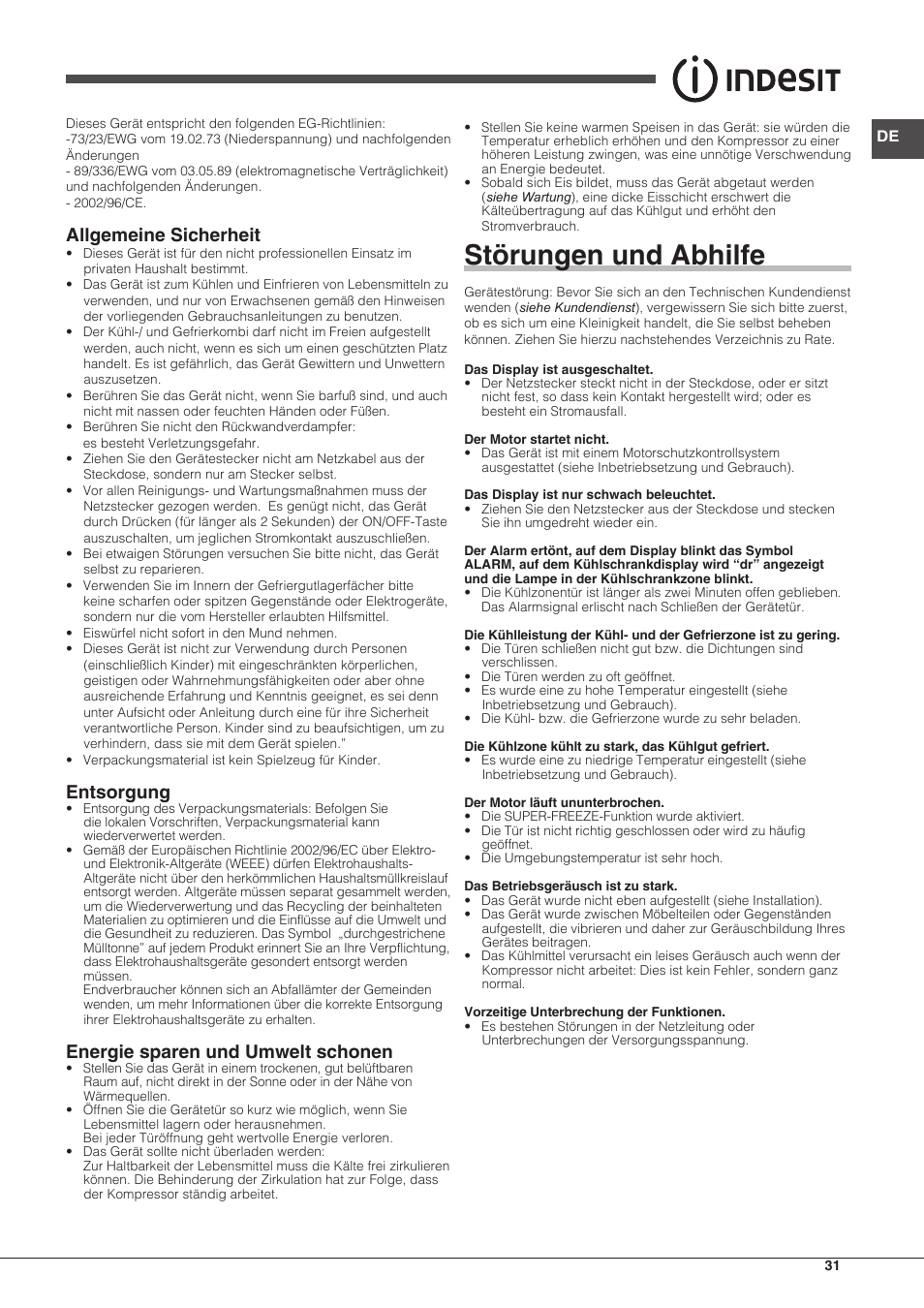 Störungen und abhilfe, Allgemeine sicherheit, Entsorgung | Energie sparen und umwelt schonen | Indesit UIAA-22-Y User Manual | Page 31 / 52