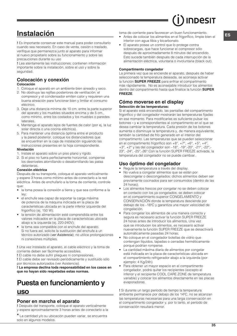 Instalación, Puesta en funcionamiento y uso, Colocación y conexión | Poner en marcha el aparato, Cómo moverse en el display, Uso óptimo del congelador | Indesit UIAA-22-Y User Manual | Page 35 / 52