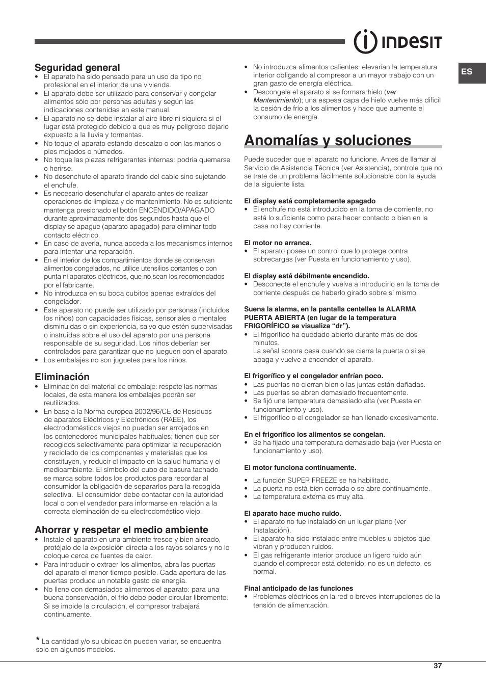 Anomalías y soluciones, Seguridad general, Eliminación | Ahorrar y respetar el medio ambiente | Indesit UIAA-22-Y User Manual | Page 37 / 52
