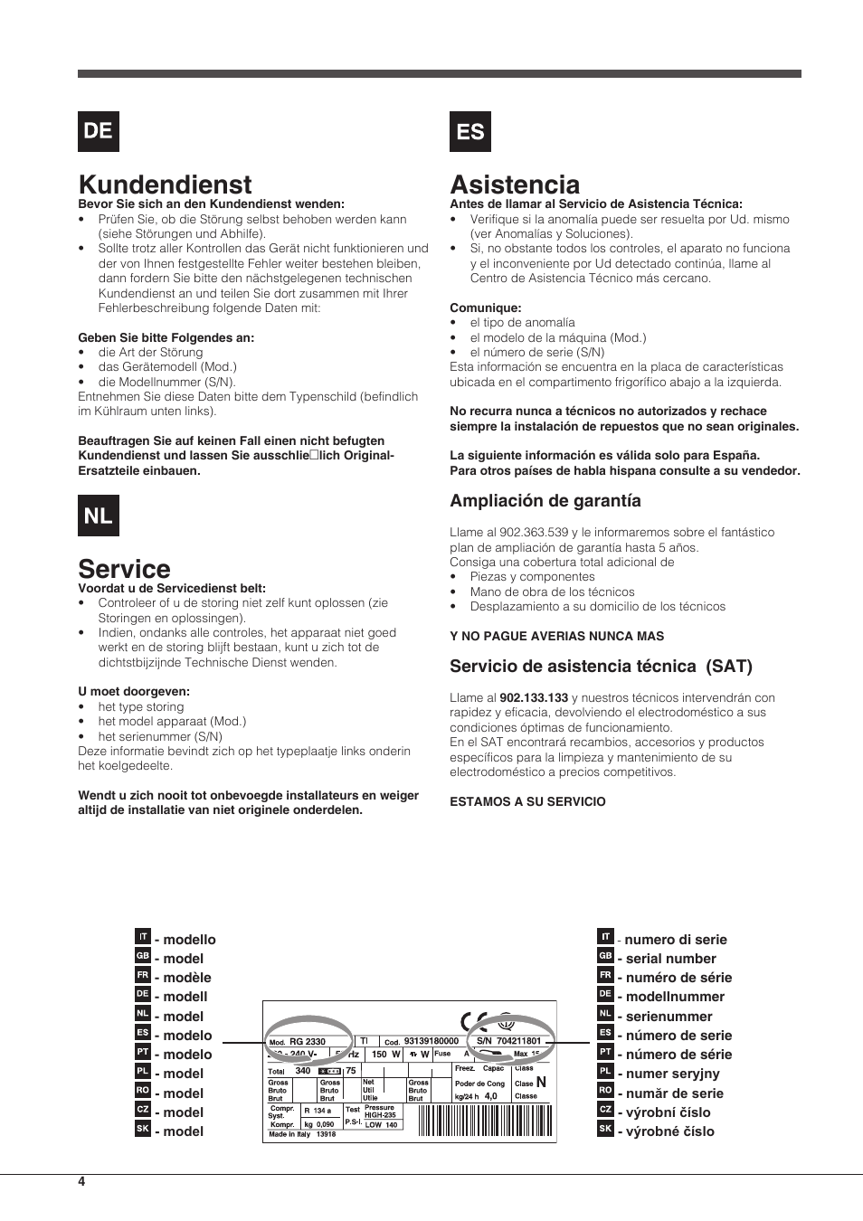 Kundendienst, Service, Asistencia | Ampliación de garantía, Servicio de asistencia técnica (sat) | Indesit UIAA-22-Y User Manual | Page 4 / 52
