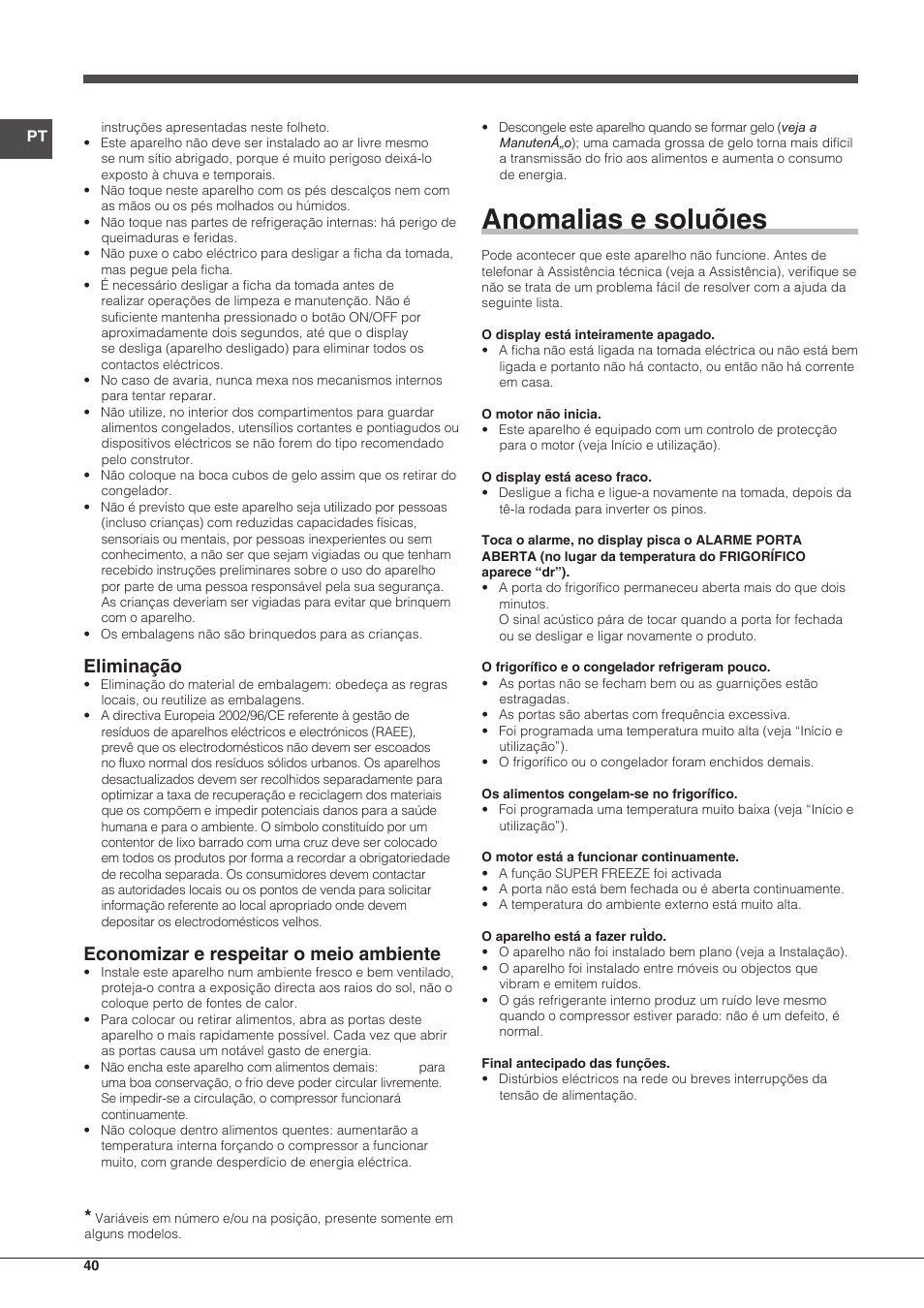 Anomalias e soluõıes, Eliminação, Economizar e respeitar o meio ambiente | Indesit UIAA-22-Y User Manual | Page 40 / 52