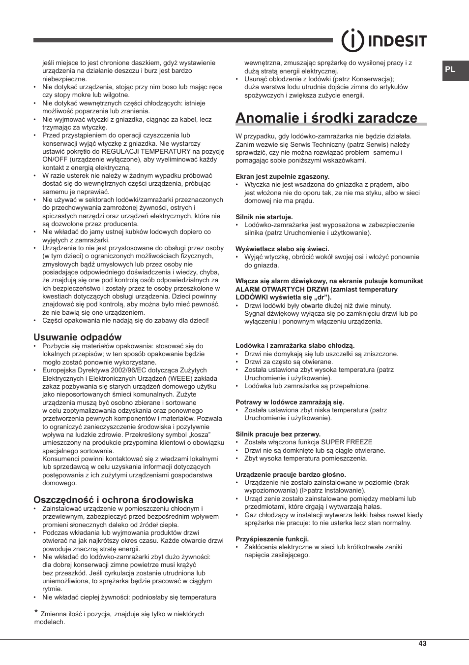 Anomalie i środki zaradcze, Usuwanie odpadów, Oszczędność i ochrona środowiska | Indesit UIAA-22-Y User Manual | Page 43 / 52