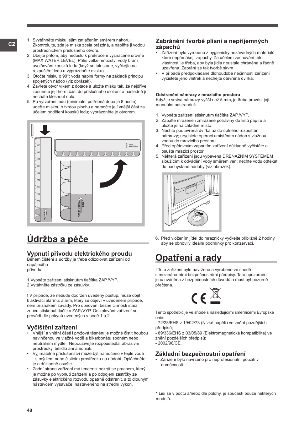Údržba a péče, Opatření a rady, Vypnutí přívodu elektrického proudu | Vyčištění zařízení, Zabránění tvorbě plísní a nepříjemných zápachů, Základní bezpečnostní opatření | Indesit UIAA-22-Y User Manual | Page 48 / 52