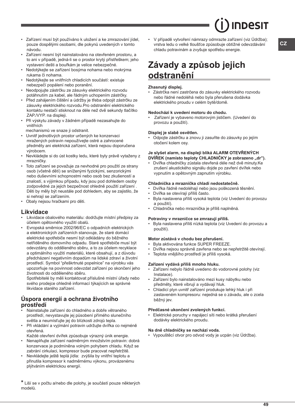 Závady a způsob jejich odstranění, Likvidace, Úspora energií a ochrana životního prostředí | Indesit UIAA-22-Y User Manual | Page 49 / 52