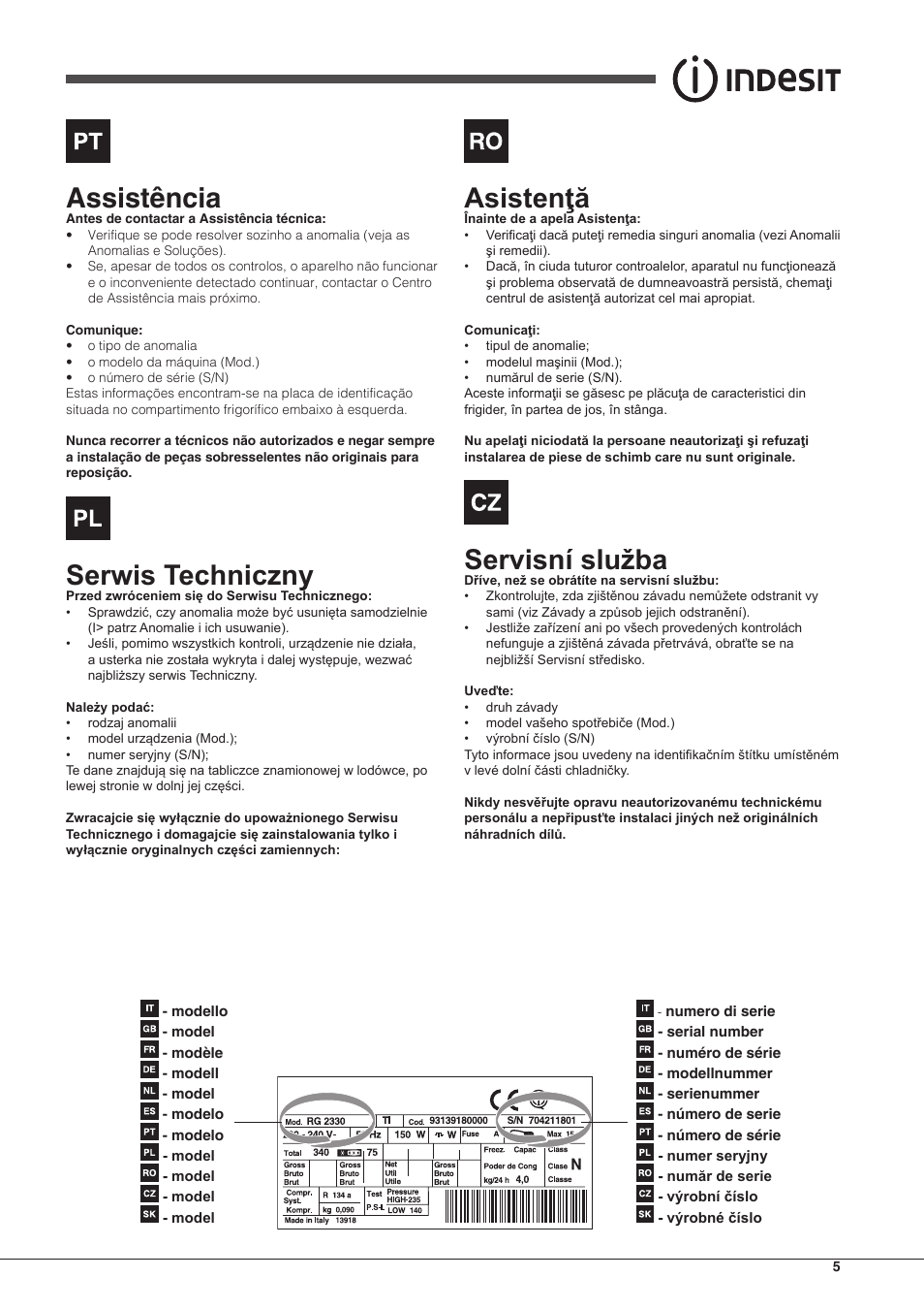 Assistência, Serwis techniczny, Asistenţă | Servisní služba | Indesit UIAA-22-Y User Manual | Page 5 / 52