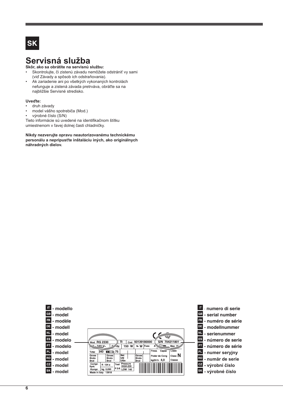 Servisná služba | Indesit UIAA-22-Y User Manual | Page 6 / 52