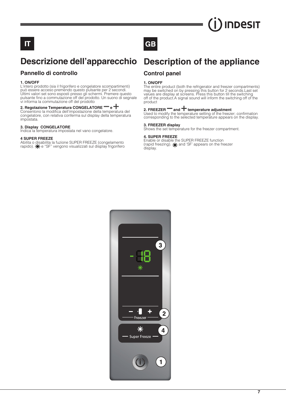 Descrizione dell’apparecchio, Description of the appliance, Pannello di controllo | Control panel | Indesit UIAA-22-Y User Manual | Page 7 / 52