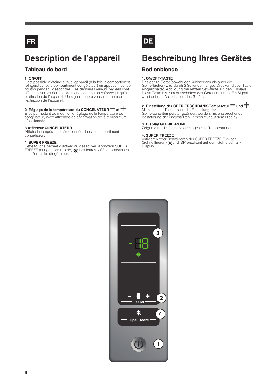Description de l’appareil, Beschreibung ihres gerätes, Tableau de bord | Bedienblende | Indesit UIAA-22-Y User Manual | Page 8 / 52