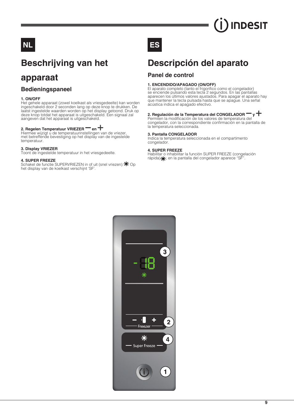 Beschrijving van het apparaat, Descripción del aparato, Bedieningspaneel | Panel de control | Indesit UIAA-22-Y User Manual | Page 9 / 52