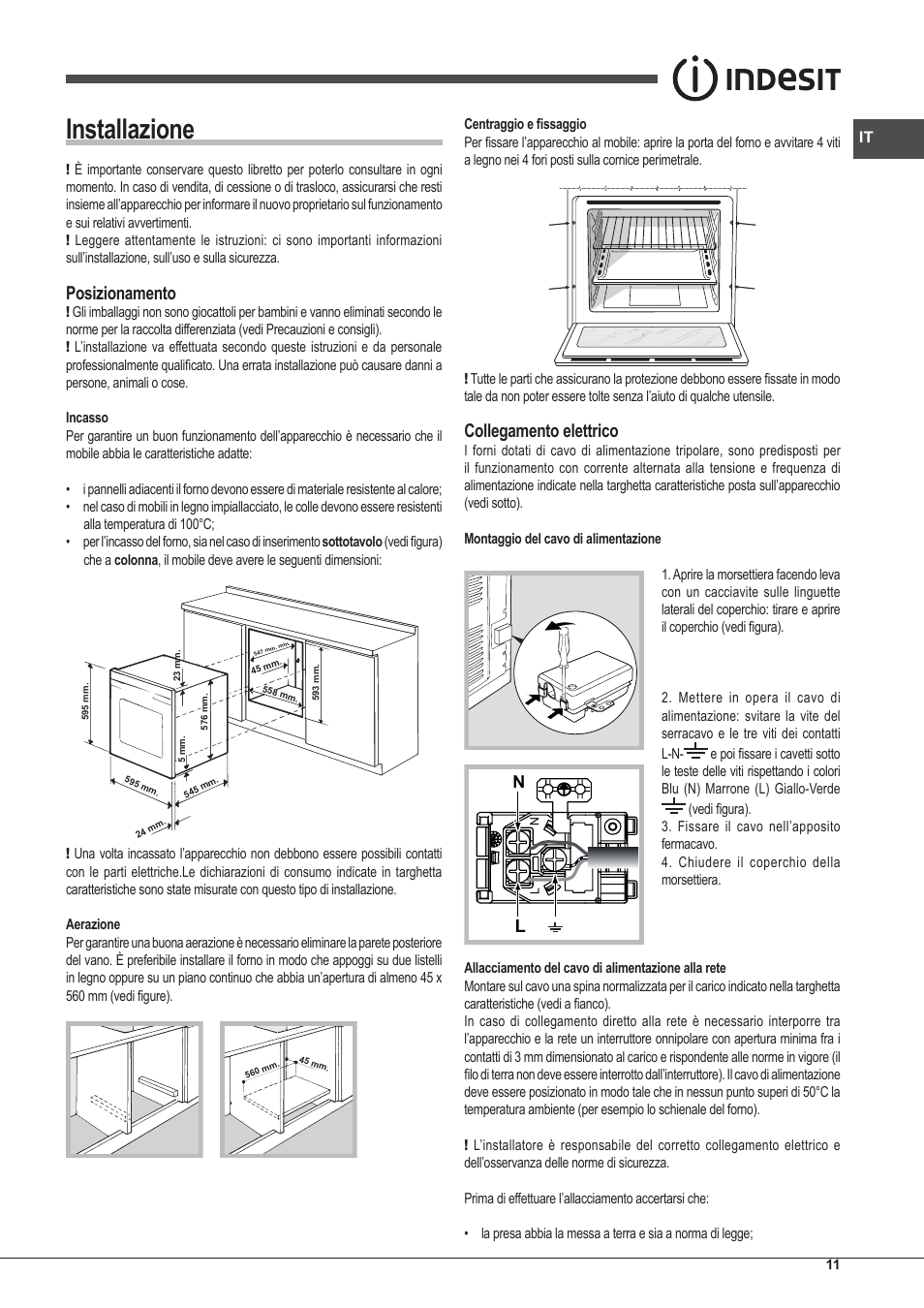 Installazione, Posizionamento, Collegamento elettrico | Indesit IFG-83-KC.A-(TD) User Manual | Page 11 / 60