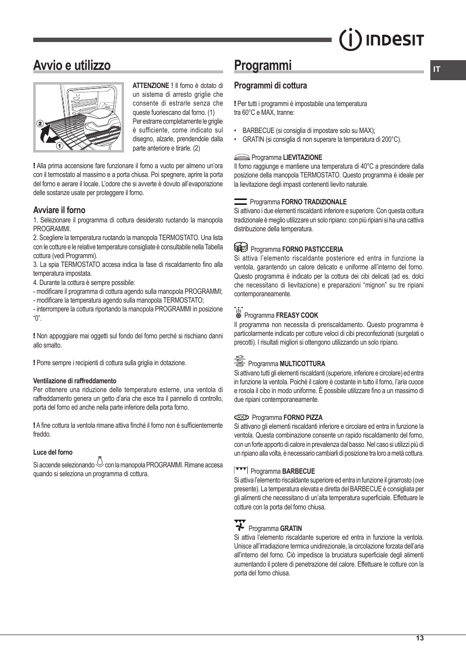 Avvio e utilizzo, Programmi, Avviare il forno | Programmi di cottura | Indesit IFG-83-KC.A-(TD) User Manual | Page 13 / 60