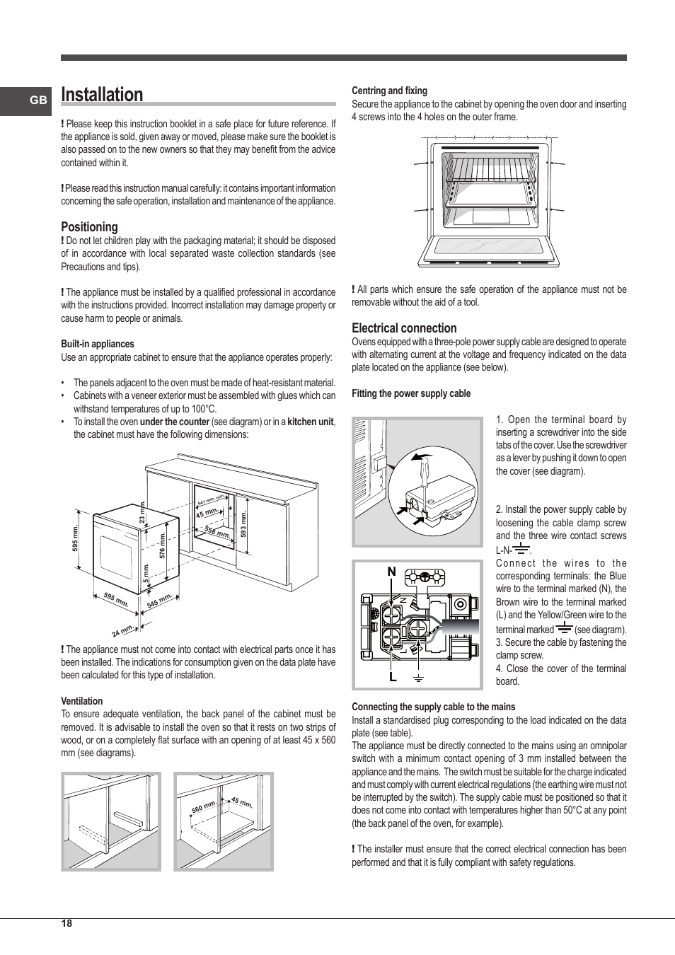 Installation, Positioning, Electrical connection | Indesit IFG-83-KC.A-(TD) User Manual | Page 18 / 60