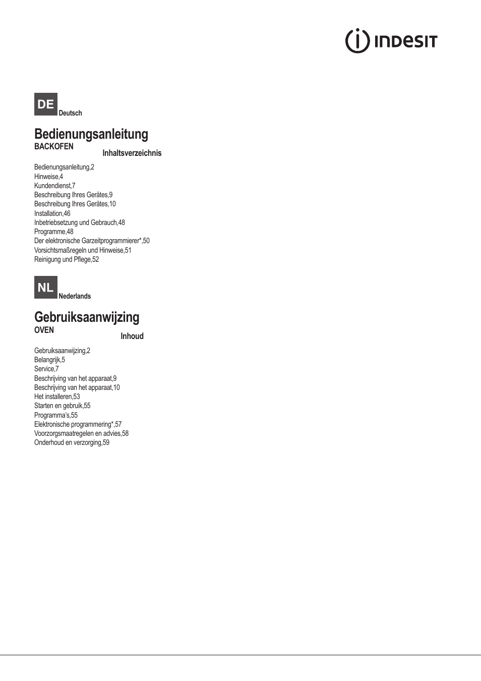 Bedienungsanleitung, Gebruiksaanwijzing | Indesit IFG-83-KC.A-(TD) User Manual | Page 2 / 60