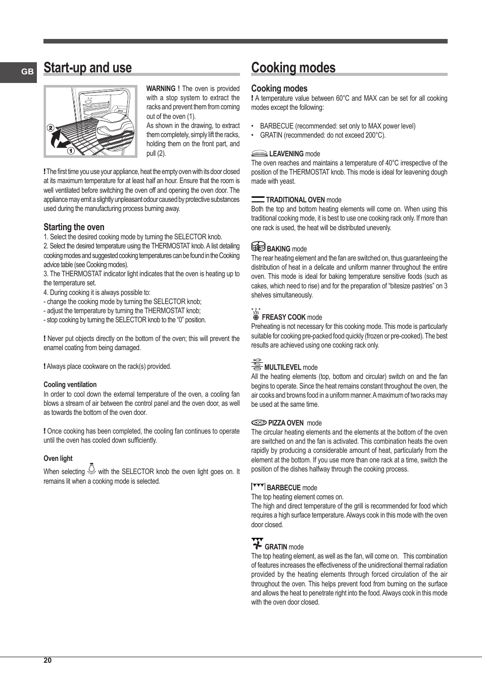 Start-up and use, Cooking modes, Starting the oven | Indesit IFG-83-KC.A-(TD) User Manual | Page 20 / 60