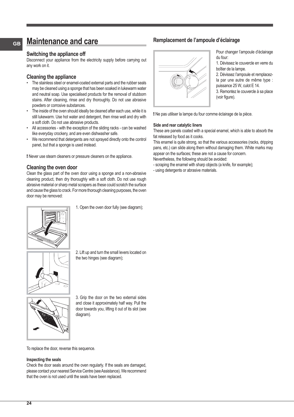 Maintenance and care, Switching the appliance off, Cleaning the appliance | Cleaning the oven door, Remplacement de l’ampoule d’éclairage | Indesit IFG-83-KC.A-(TD) User Manual | Page 24 / 60