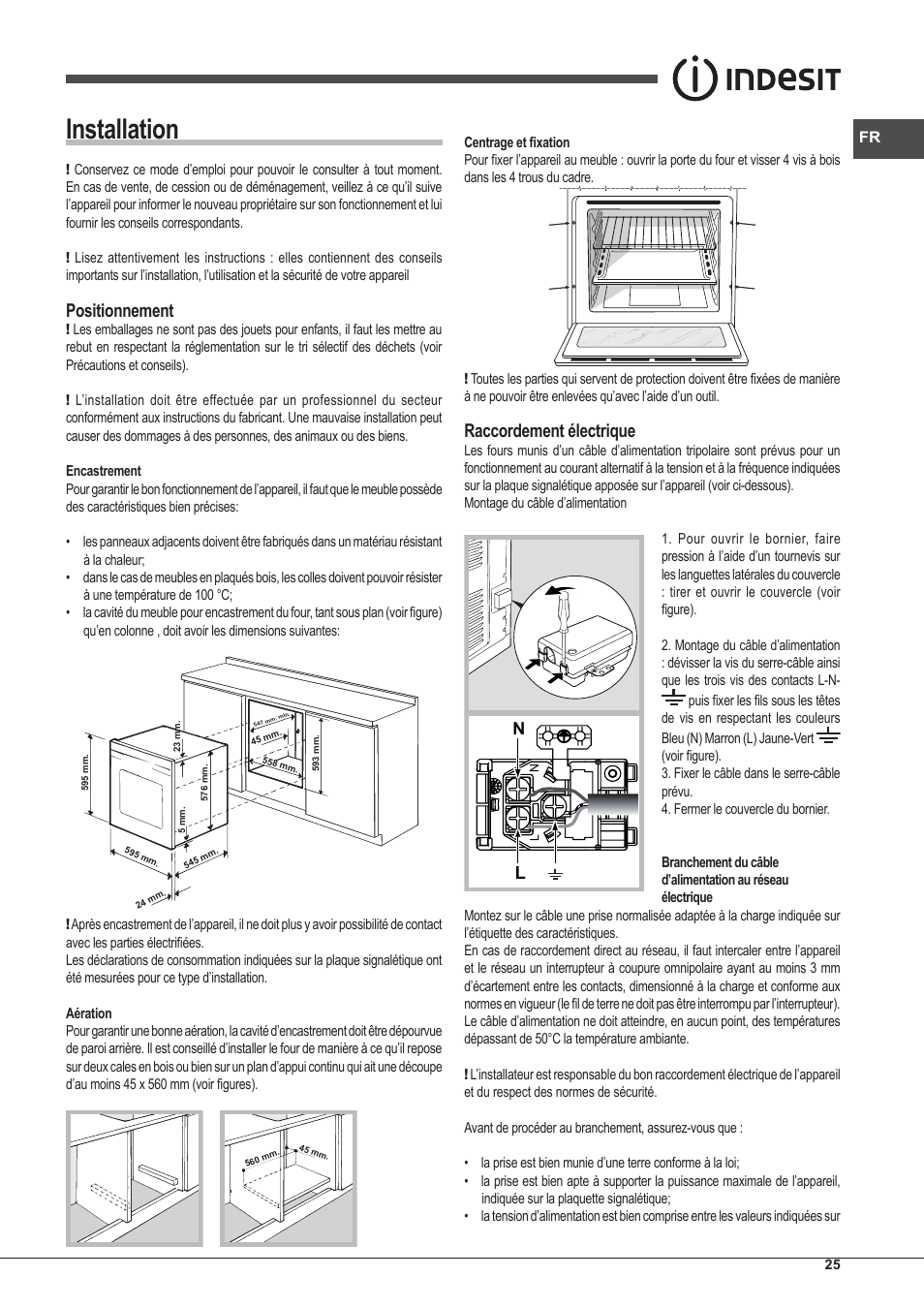 Installation, Positionnement, Raccordement électrique | Indesit IFG-83-KC.A-(TD) User Manual | Page 25 / 60