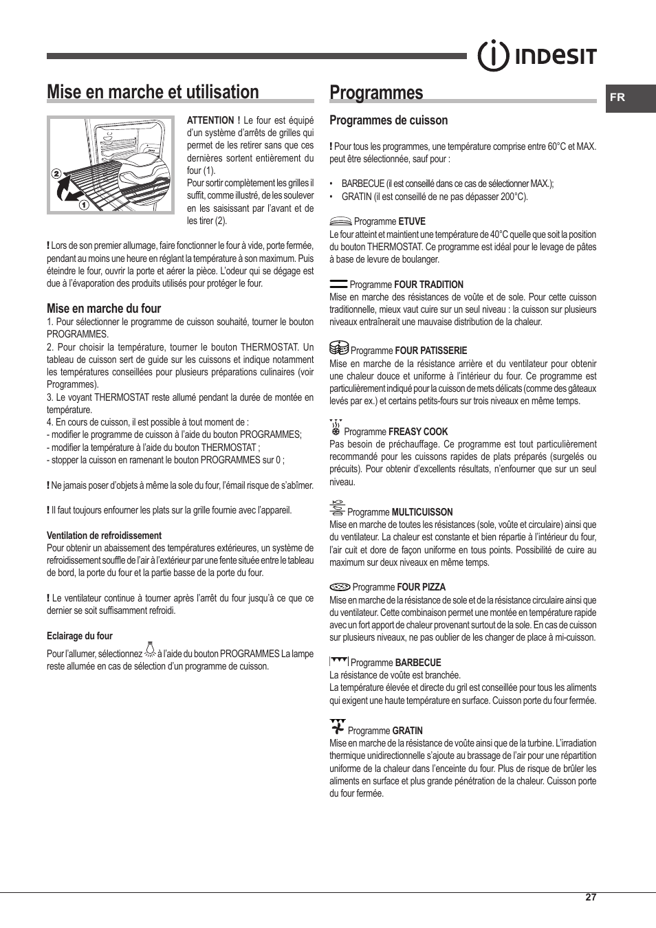 Mise en marche et utilisation, Programmes, Mise en marche du four | Programmes de cuisson | Indesit IFG-83-KC.A-(TD) User Manual | Page 27 / 60