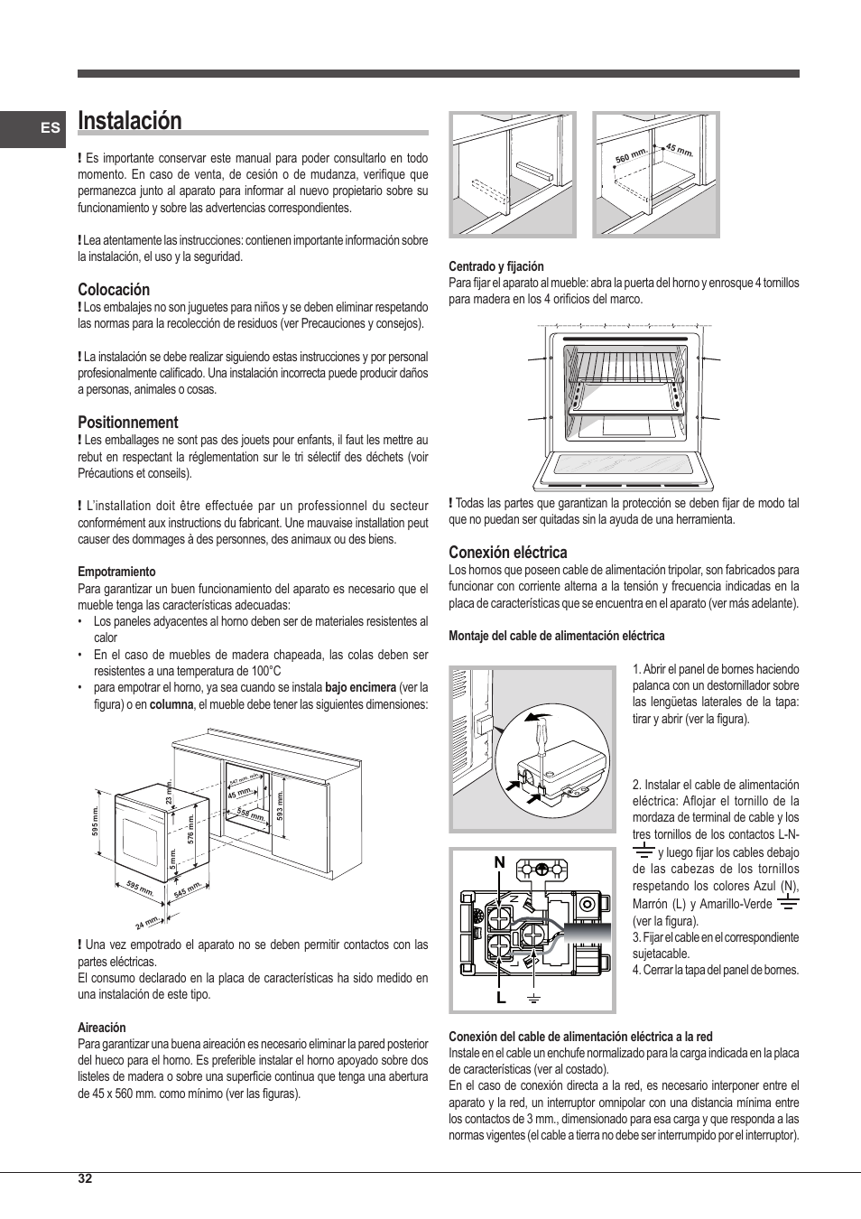 Instalación, Colocación, Positionnement | Conexión eléctrica | Indesit IFG-83-KC.A-(TD) User Manual | Page 32 / 60