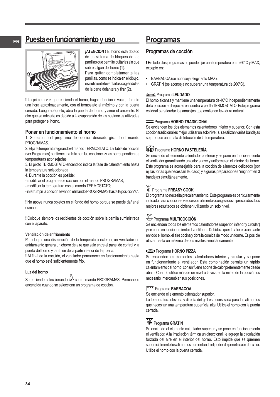 Programas, Puesta en funcionamiento y uso, Programas de cocción | Poner en funcionamiento el horno | Indesit IFG-83-KC.A-(TD) User Manual | Page 34 / 60