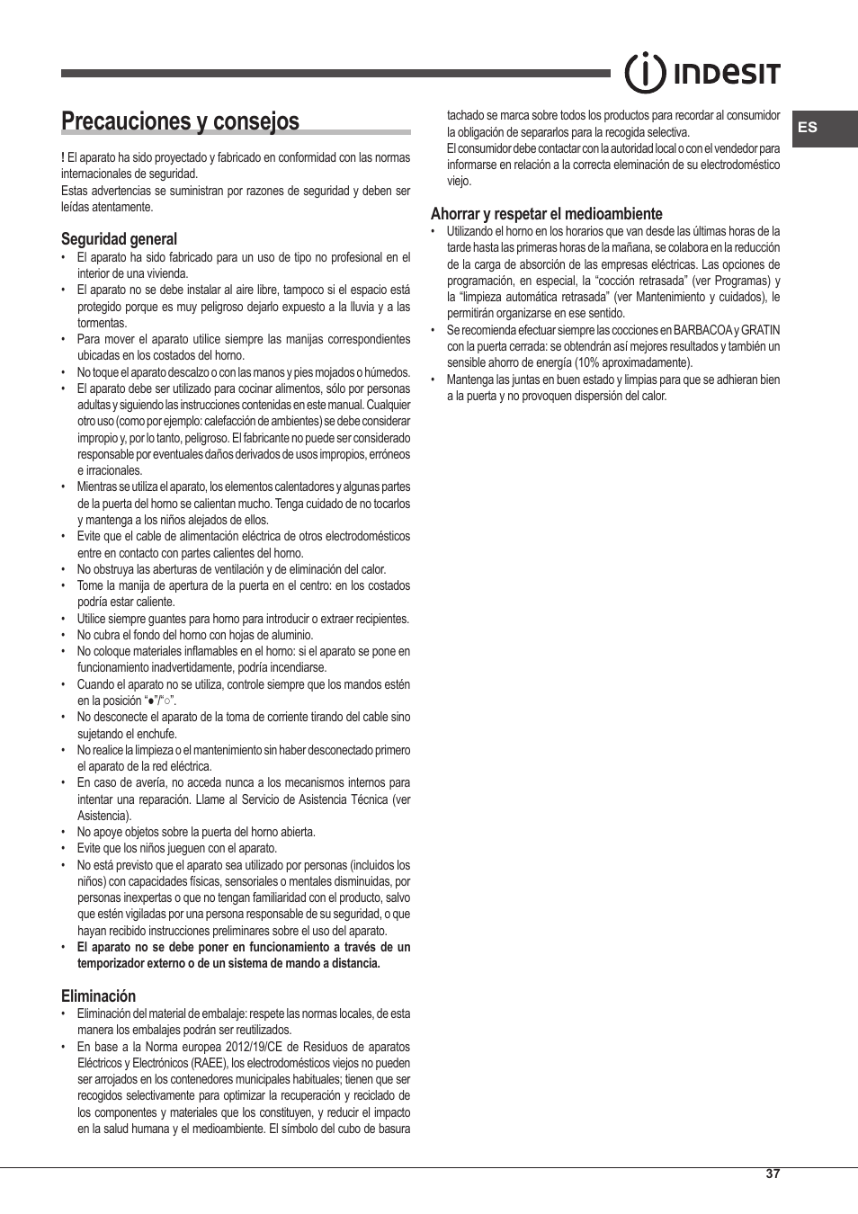 Precauciones y consejos, Seguridad general, Eliminación | Ahorrar y respetar el medioambiente | Indesit IFG-83-KC.A-(TD) User Manual | Page 37 / 60