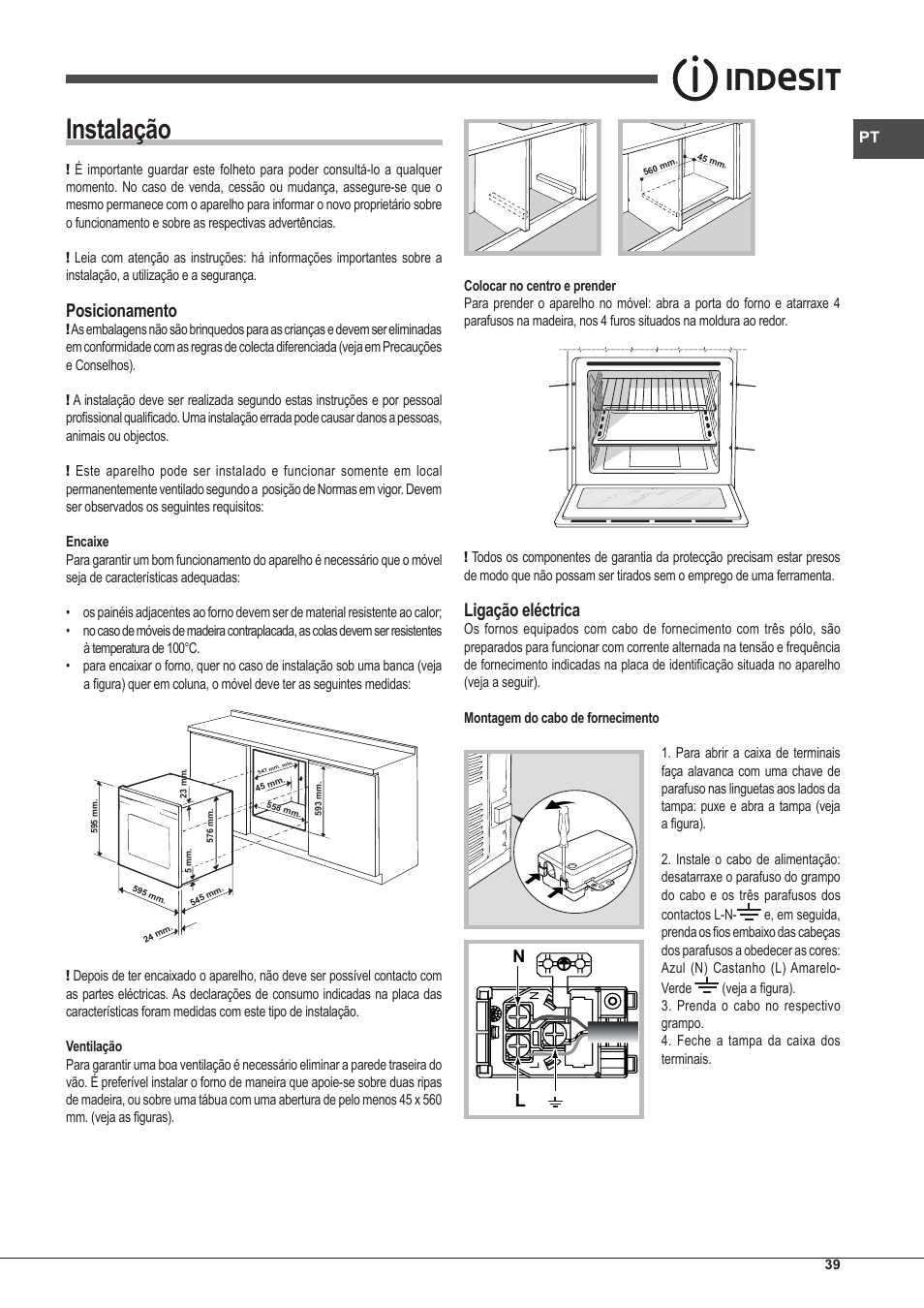 Instalação, Posicionamento, Ligação eléctrica | Indesit IFG-83-KC.A-(TD) User Manual | Page 39 / 60